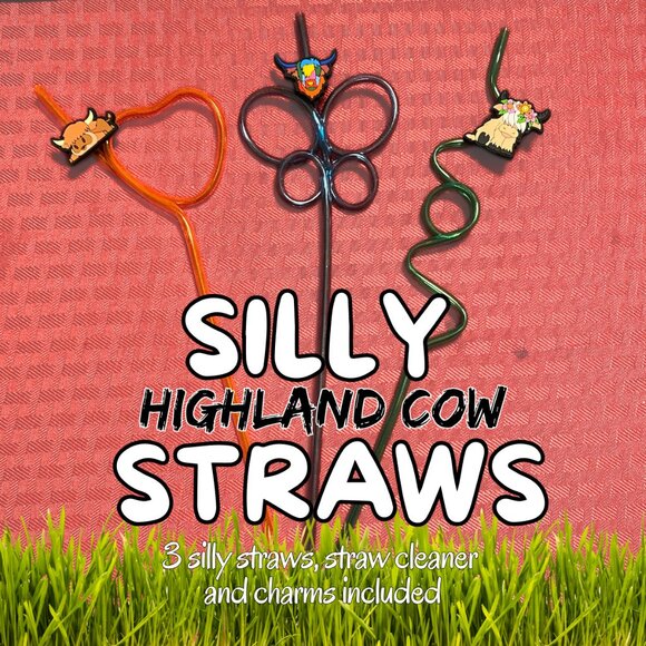 Silly Highland Cow Straw Bundle of 3 - GREEN, ORANGE & BLUE - Picture 1 of 4